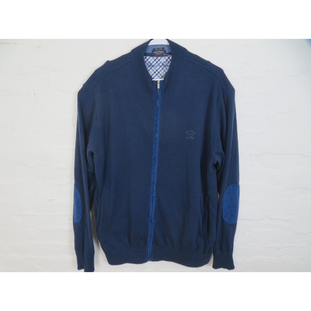 Paul & Shark Sweater Mens XL Blue Full Zip Bomber Elbow Patch Made In Italy